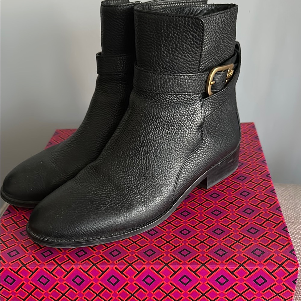 Black Leather Ankle Boots with Gold Buckle
